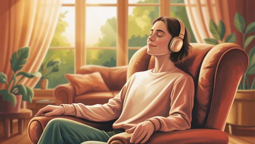 Illustration showing a person practicing progressive muscle relaxation to reduce anxiety and stress.