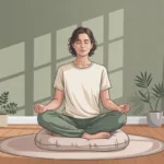 A person practicing progressive muscle relaxation in a calm setting to relieve anxiety, following a step-by-step relaxation guide.