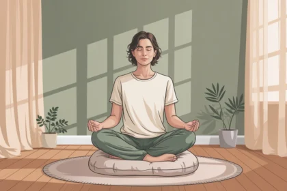 A person practicing progressive muscle relaxation in a calm setting to relieve anxiety, following a step-by-step relaxation guide.