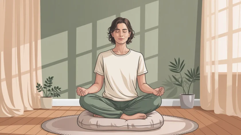 A person practicing progressive muscle relaxation in a calm setting to relieve anxiety, following a step-by-step relaxation guide.
