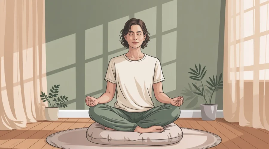 A person practicing progressive muscle relaxation in a calm setting to relieve anxiety, following a step-by-step relaxation guide.