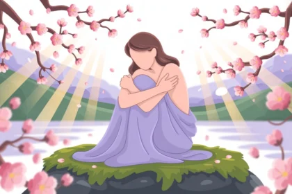 A soothing illustration symbolizing self-compassion and emotional relief, encouraging kindness toward oneself to ease anxiety.