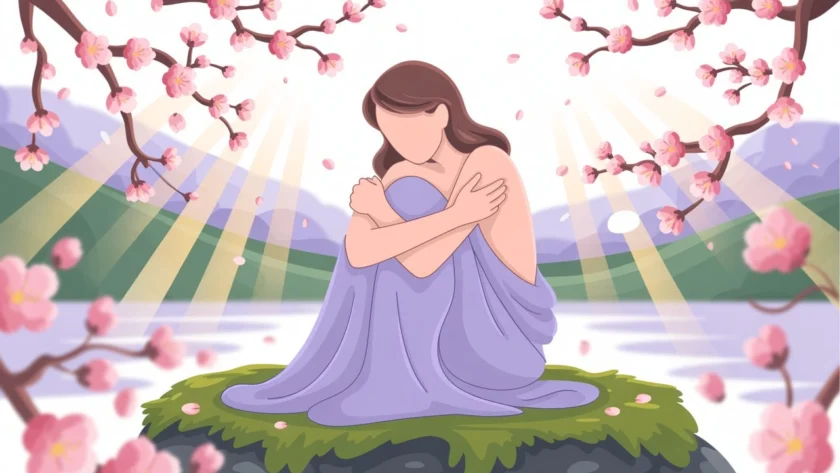 A soothing illustration symbolizing self-compassion and emotional relief, encouraging kindness toward oneself to ease anxiety.
