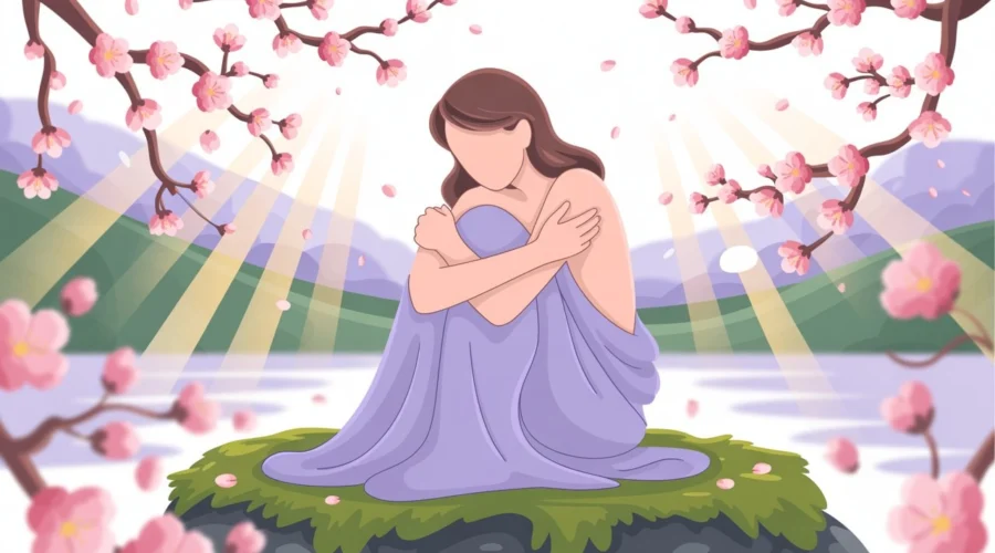 A soothing illustration symbolizing self-compassion and emotional relief, encouraging kindness toward oneself to ease anxiety.