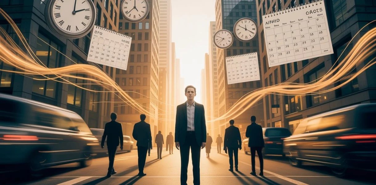 A person sitting alone with a clock in the background, symbolizing the pressure of time and anxiety colliding in modern life.