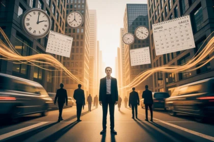 A person sitting alone with a clock in the background, symbolizing the pressure of time and anxiety colliding in modern life.