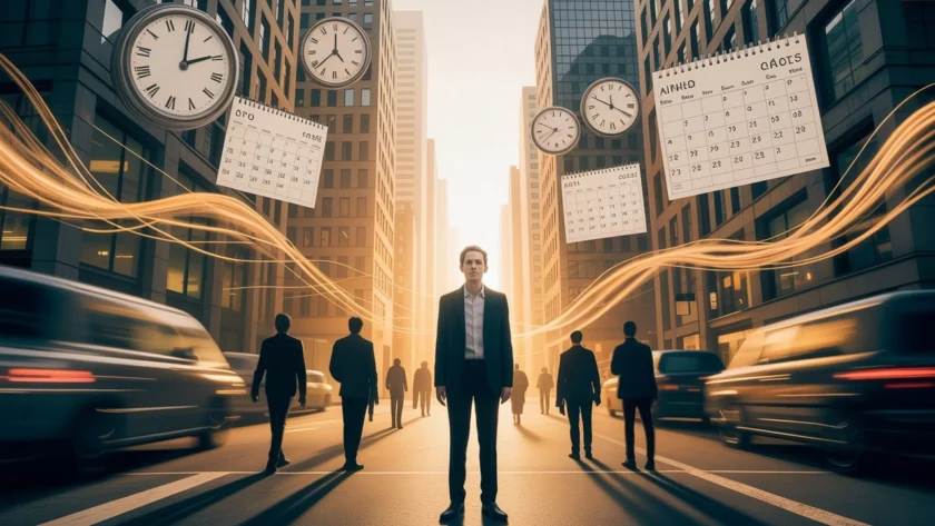 A person sitting alone with a clock in the background, symbolizing the pressure of time and anxiety colliding in modern life.
