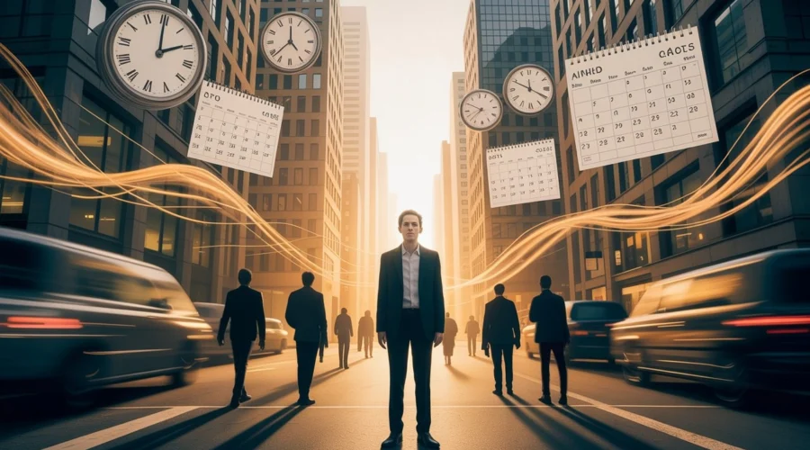 A person sitting alone with a clock in the background, symbolizing the pressure of time and anxiety colliding in modern life.